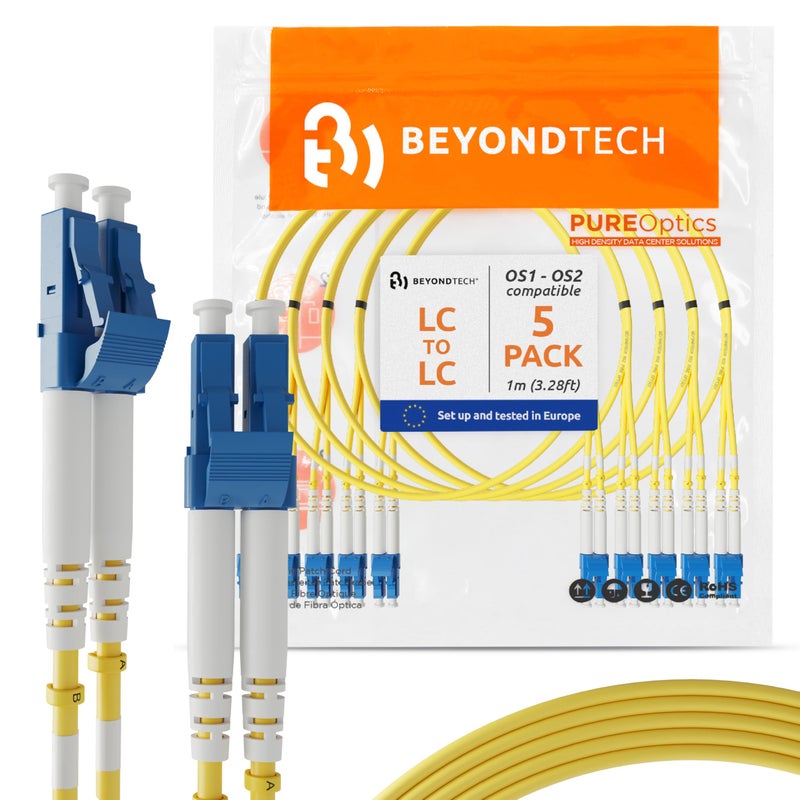 BEYONDTECH 1m (3.28ft) LC to LC Fiber Patch Cable â€“ (5 Pack) UPC Single-Mode Duplex Fiber Optic Cable â€“ 9/125Âµm core, Compatible with OS1 & OS2 â€“ LSZH PUREOptics Series - Image 1